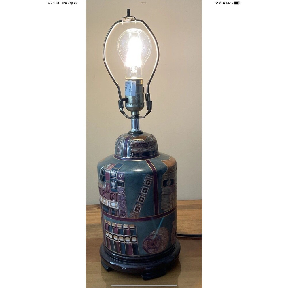 Library Book Desk Lamp Vintage Ornately Etched Ceramic, Wood Base **Tested 19”H